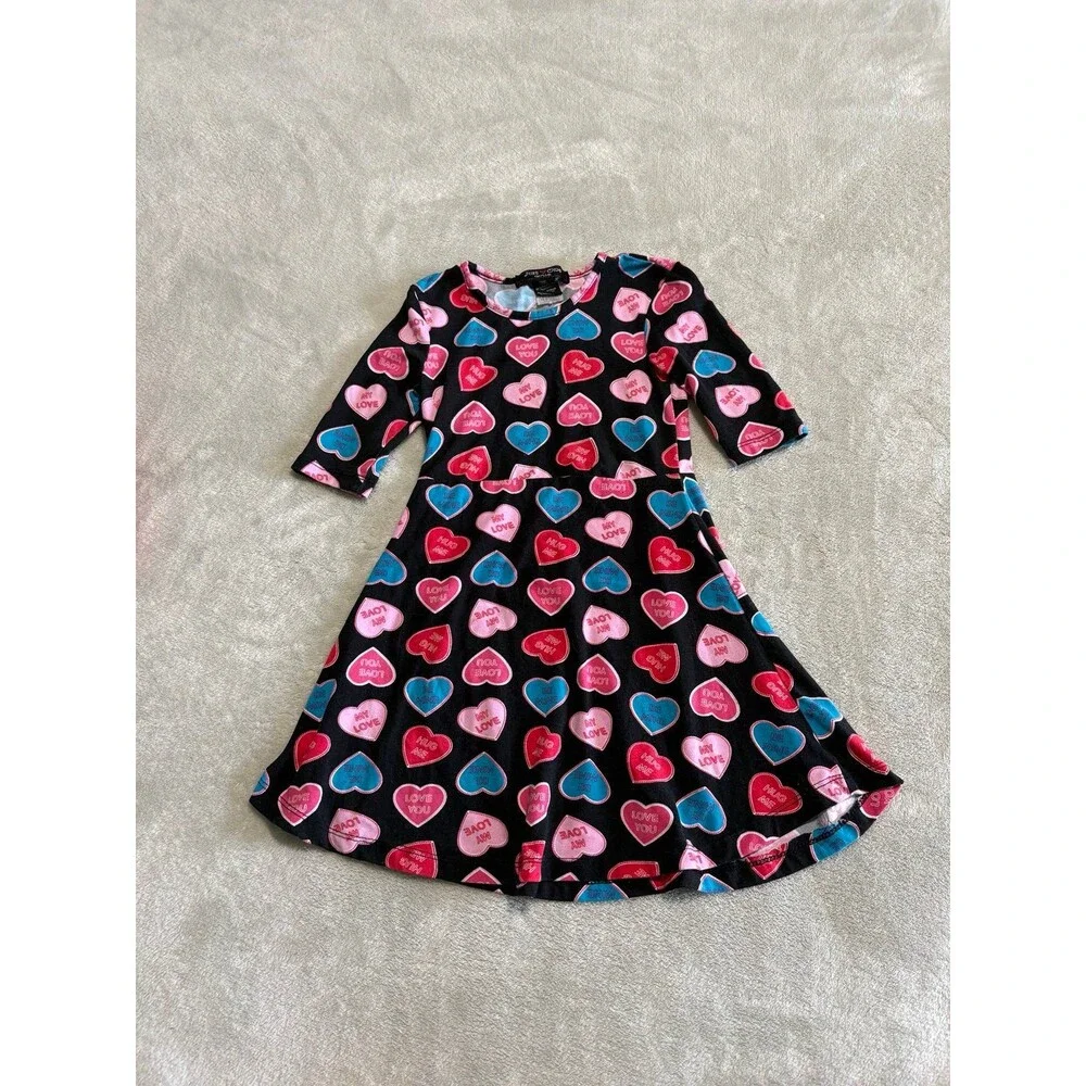 Girls Black Heart Print Dress back to school playwear princess girly pink blue